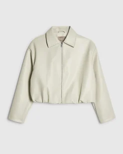 Cream Faux Leather Bubble Hem Bomber Jacket