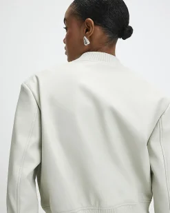 Cream Faux Leather Cropped Bomber Jacket