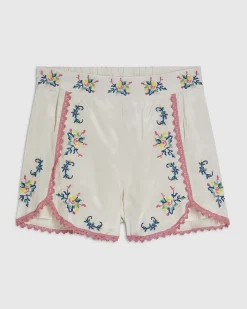 Cream Floral Embroidered Shorts