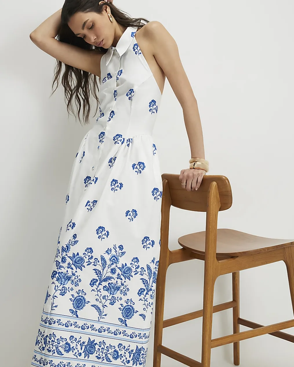 Cream Floral Halter Neck Maxi Shirt Dress