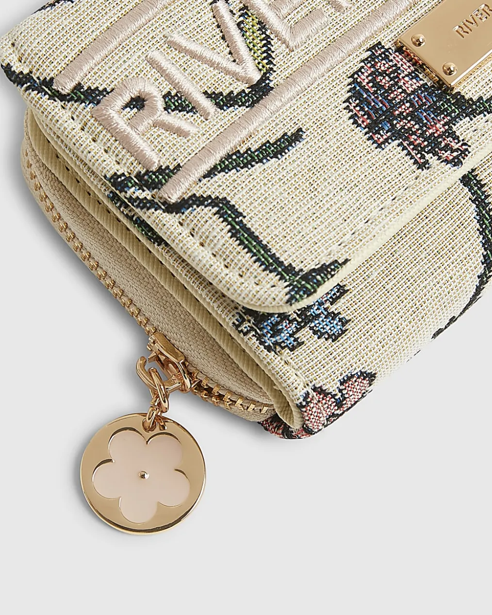 Cream Floral Jacquard Logo Flap Purse