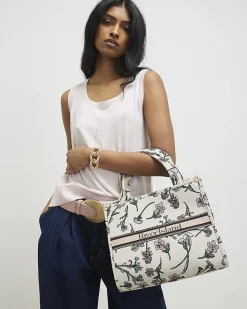 Cream Floral Jacquard Tote Bag