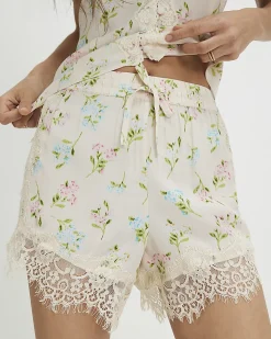Cream Floral Lace Trim Shorts