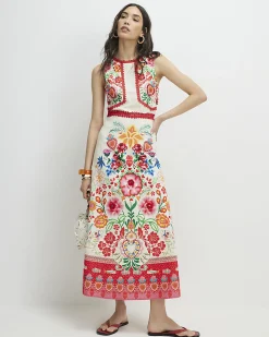 Cream Floral Print Cut Out Maxi Dress