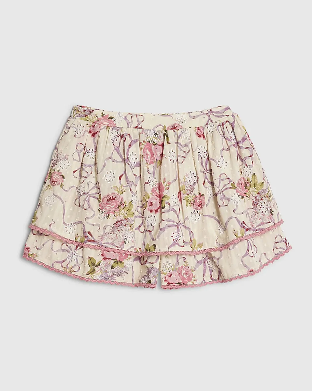 Cream Floral Printed Cotton Ruffle Shorts