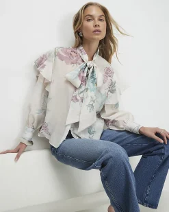 Cream Floral Pussybow Blouse