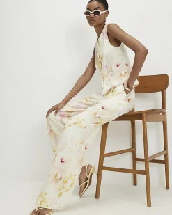 Cream Floral Scallop Trim Wide Leg Trousers