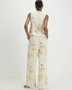 Cream Floral Scallop Trim Wide Leg Trousers
