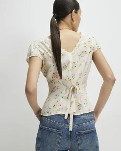 Cream Floral Short Sleeve Lace Trim Top