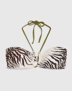 Cream Halter Neck Animal Print Bikini Top