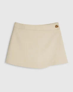Cream Herringbone Button Detail Wrap Skort