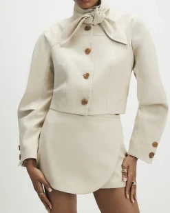 Cream Herringbone Button Detail Wrap Skort