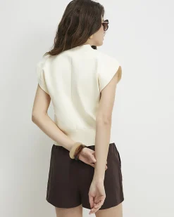 Cream Knit V Neck Top