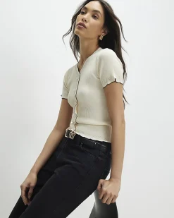 Cream Knitted Frill Trim Ribbed Top