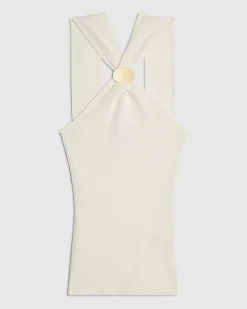 Cream Knitted Halter Neck Brooch Top