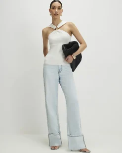 Cream Knitted Halter Neck Brooch Top