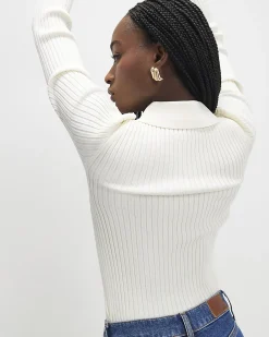 Cream Knitted Long Sleeve Polo Top