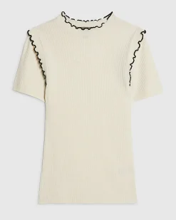 Cream Knitted Short Sleeve Frill Top