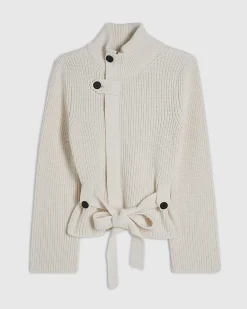 Cream Knitted Tie Waist Ribbed Cardigan