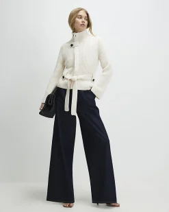 Cream Knitted Tie Waist Ribbed Cardigan