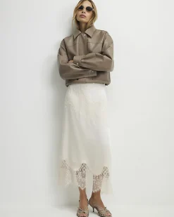 Cream Lace Satin Midi Skirt