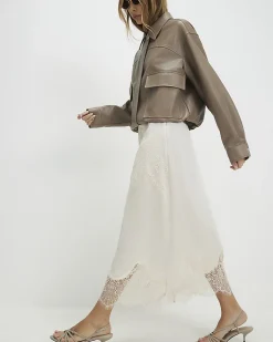 Cream Lace Satin Midi Skirt