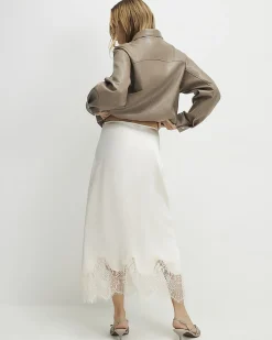 Cream Lace Satin Midi Skirt