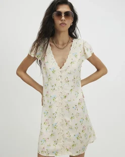 Cream Lace Trim Floral Print Mini Dress