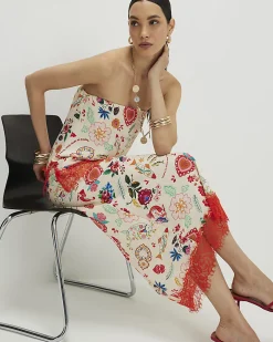Cream Lace Trim Printed Slip Skirt