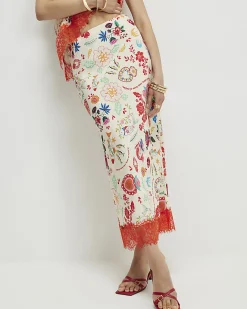 Cream Lace Trim Printed Slip Skirt