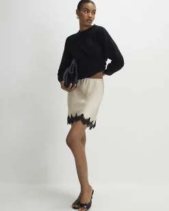 Cream Lace Trim Satin Mini Skirt