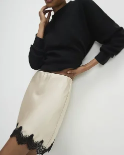 Cream Lace Trim Satin Mini Skirt