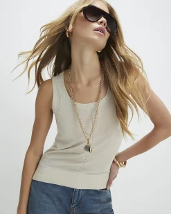 Cream Linen Blend Fine Knit Vest Top