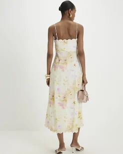 Cream Linen Blend Floral Scallop Midi Dress