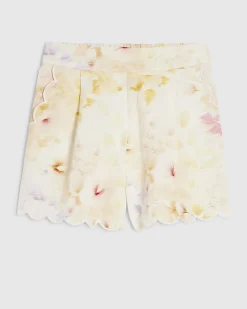 Cream Linen Blend Floral Scallop Trim Shorts