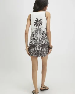 Cream Linen Blend Palm Print Shift Dress