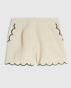 Cream Linen Blend Scallop Trim Shorts
