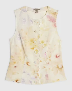 Cream Linen Blend Scallop Trim Waistcoat