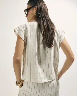 Cream Linen Blend Striped Tie Neck Top