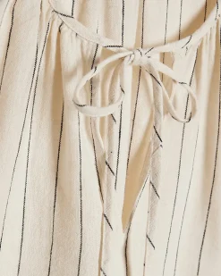 Cream Linen Blend Striped Tie Neck Top