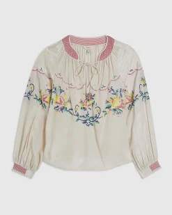 Cream Long Sleeve Embroidered Blouse