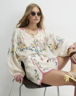 Cream Long Sleeve Embroidered Blouse