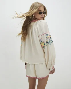 Cream Long Sleeve Embroidered Blouse