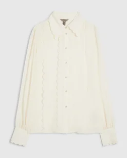Cream Long Sleeve Scallop Trim Shirt