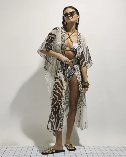 Cream Maxi Animal Print Tie Front Kimono
