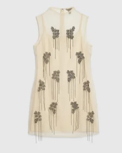 Cream Mesh Embellished Mini Dress