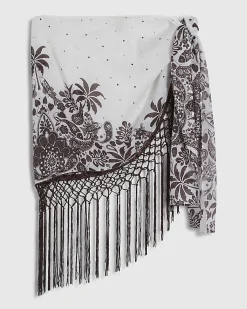 Cream Mini Palm Print Fringe Sarong