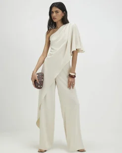 Cream One Shoulder Overlay Jumpsuit