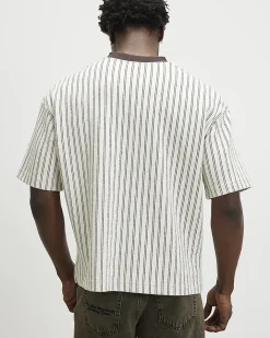 Cream Oversized Cotton V Neck Striped T-Shirt