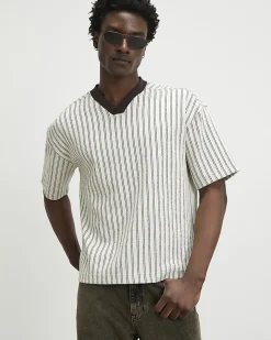 Cream Oversized Cotton V Neck Striped T-Shirt